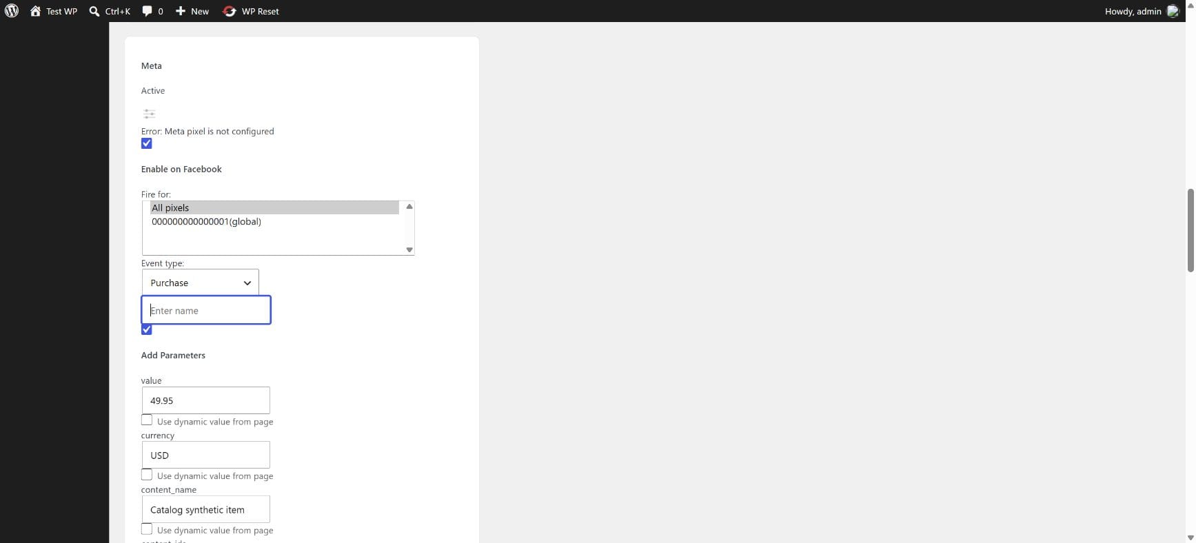 Native custom-event editor for the synthetic Purchase parameters. The PHP result separately confirms one emitted payload with value 49.95 and currency USD.